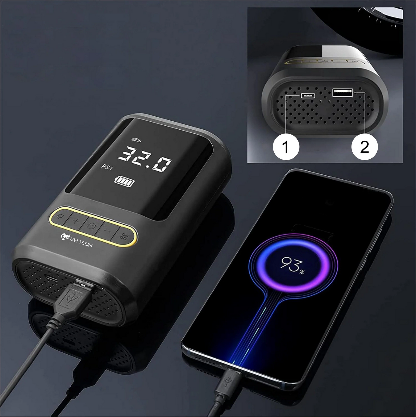 🔋 منفاخ هواء رقمي لاسلكي مع كشاف + باور بانك من دلونا